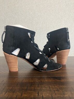 Zodiac Black Suede Cutout Ankle Booties with Tan Stacked Heel